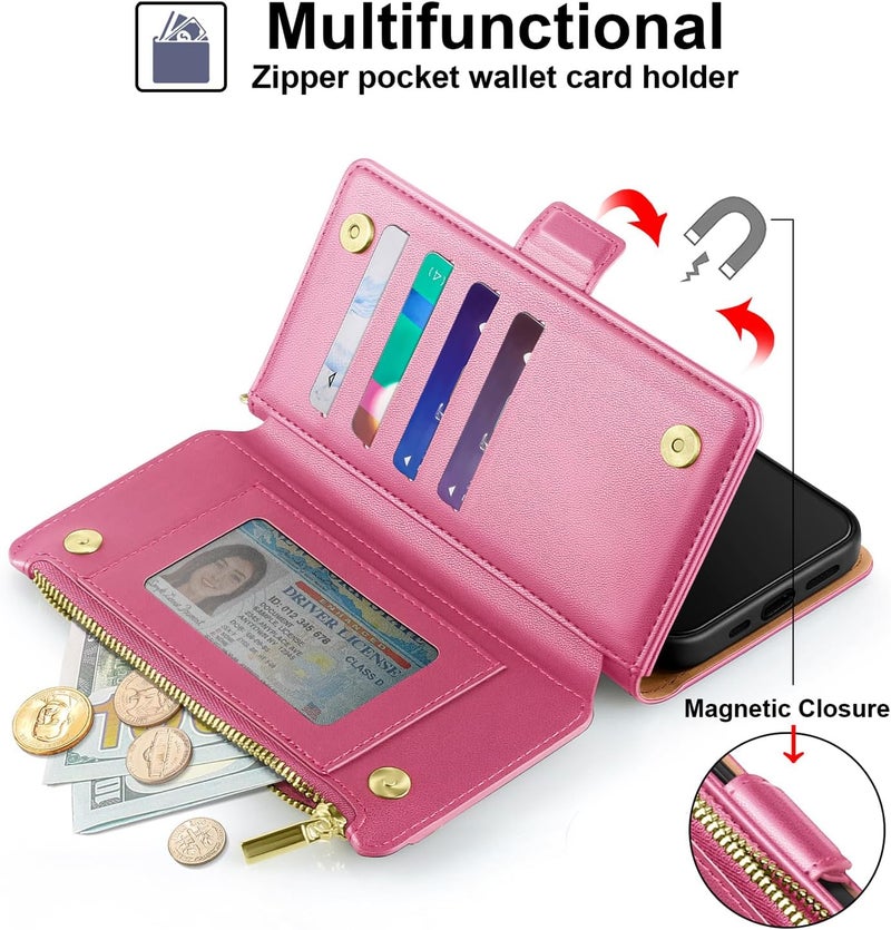 Antsturdy Compatible with iPhone 16 Pro Max Wallet Case,RFID Blocking PU Leather Phone Case Women Men Kickstand flip Cover Wrist Strap Zipper Credit Card Holder Slots for Apple 16 ProMax,Hot Pink - Image 3